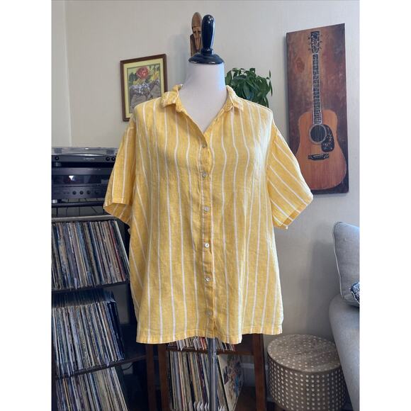 C & C California Top Womens XL 100% LINEN Off Yellow Stripe Button Up Shirt - Picture 6 of 12